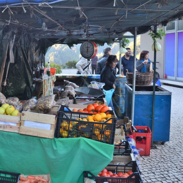 A bustling outdoor market with vendors selling fresh fruits and vegetables.