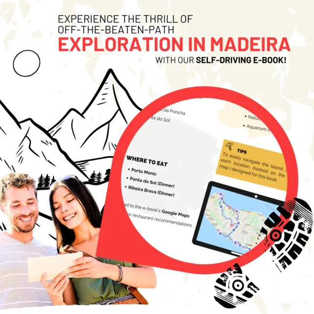 Promotional image for a self-driving eBook about exploring Madeira, featuring a magnifying glass highlighting travel details, a smiling couple, and mountain illustrations.