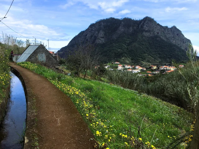 Levada do Castelejo trail lined with wildflowers and overlooking rugged mountain slopes.