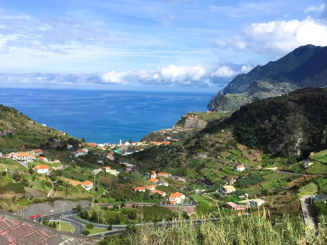 Viewpoint from Levada do Castelejo over Atlantic cliffs, farmland and Porto da Cruz.