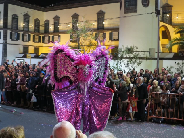 Iconic Carnival performer in vibrant costume entertaining the crowd during the Madeira Carnival Parade in Funchal
