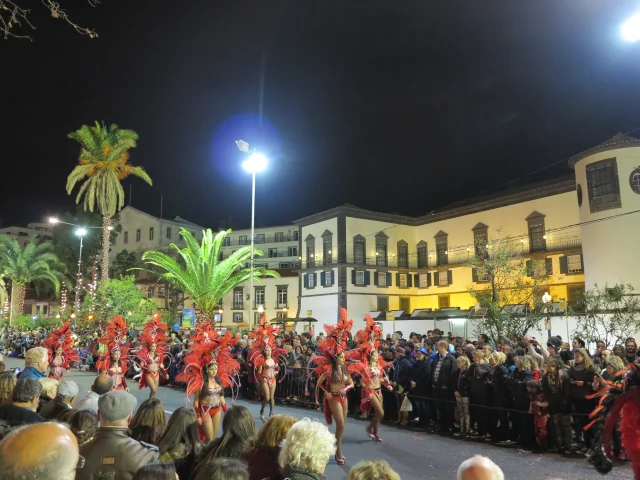 Samba dancers performing in formation during the Funchal Carnival Parade