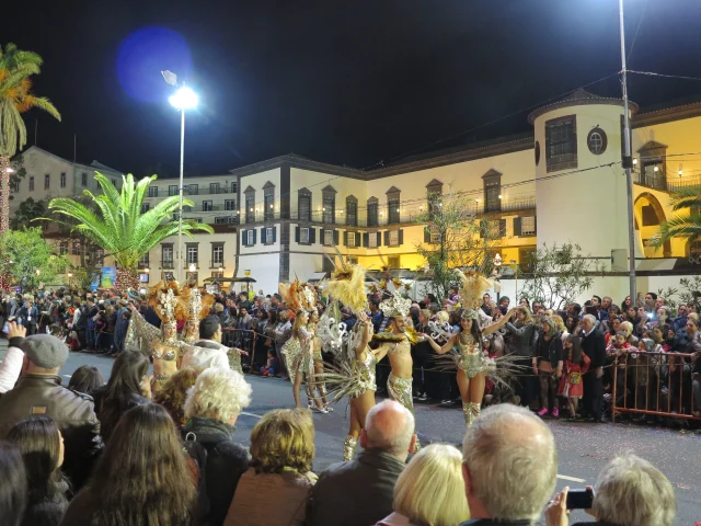 Spectators enjoying the Madeira Carnival Parade along Avenida do Mar in Funchal