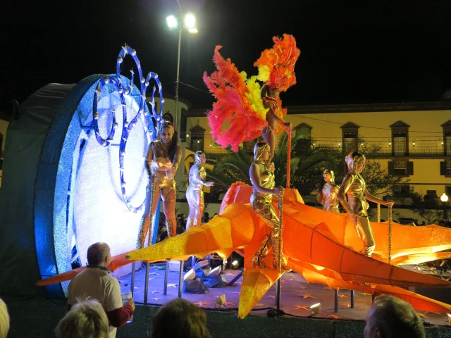 Creative and colourful allegorical float featured in the Madeira Carnival Parade at night