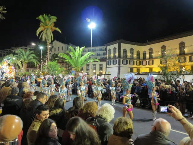 Crowds watching Carnival performers during the Funchal Carnival Parade in the city centre
