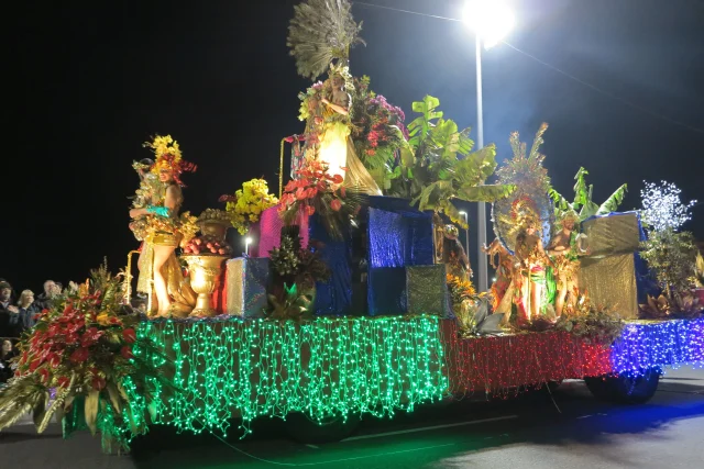 Dancers performing choreographed movements during the Madeira Carnival Parade in Funchal