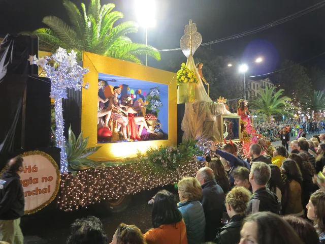 Central parade stage and allegorical float during the Madeira Carnival Parade in Funchal